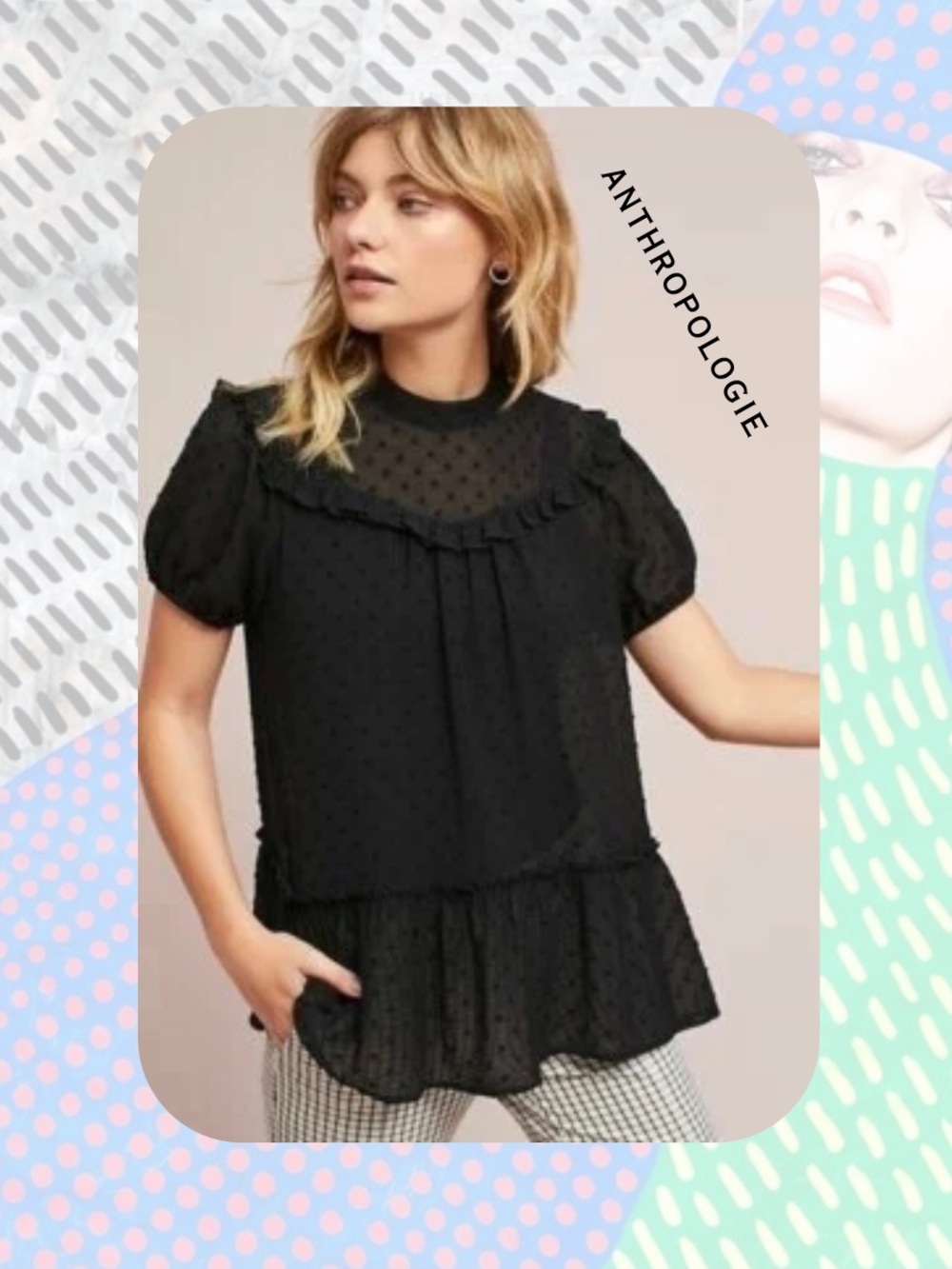 Anthropologie Black Polka Dot Ruffle Short-Sleeve Blouse